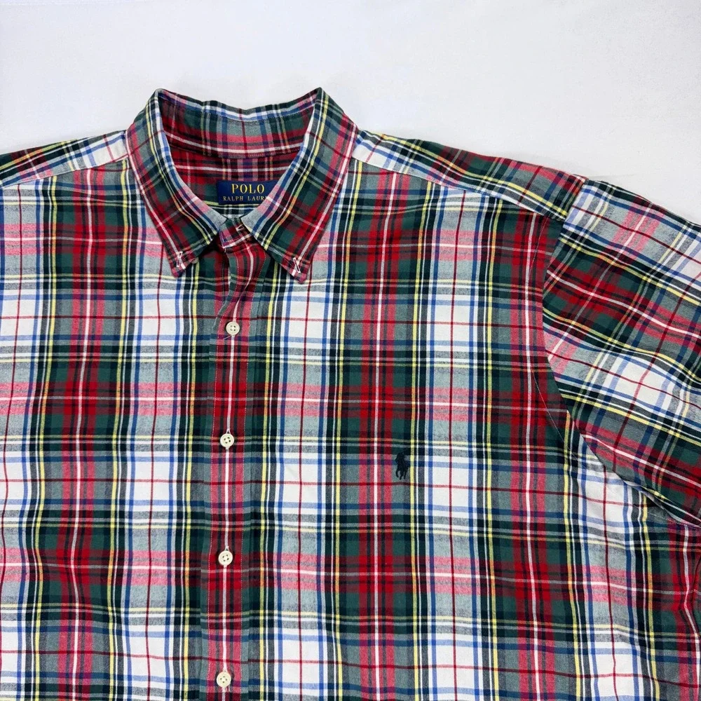 Polo Ralph Lauren Plaid Button Up Shirt‎ Mens 2XLT Red Green Cotton